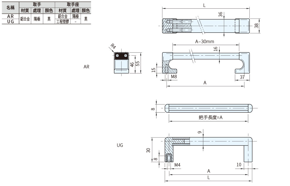 AR UG 取手(鋁合金內裝型)規格、品號、產品說明｜伍全企業